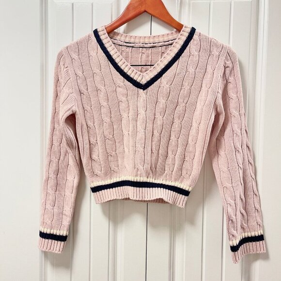 Cropped Cable Knit V-Neck Sweater Pink Navy - XS - Picture 2 of 12